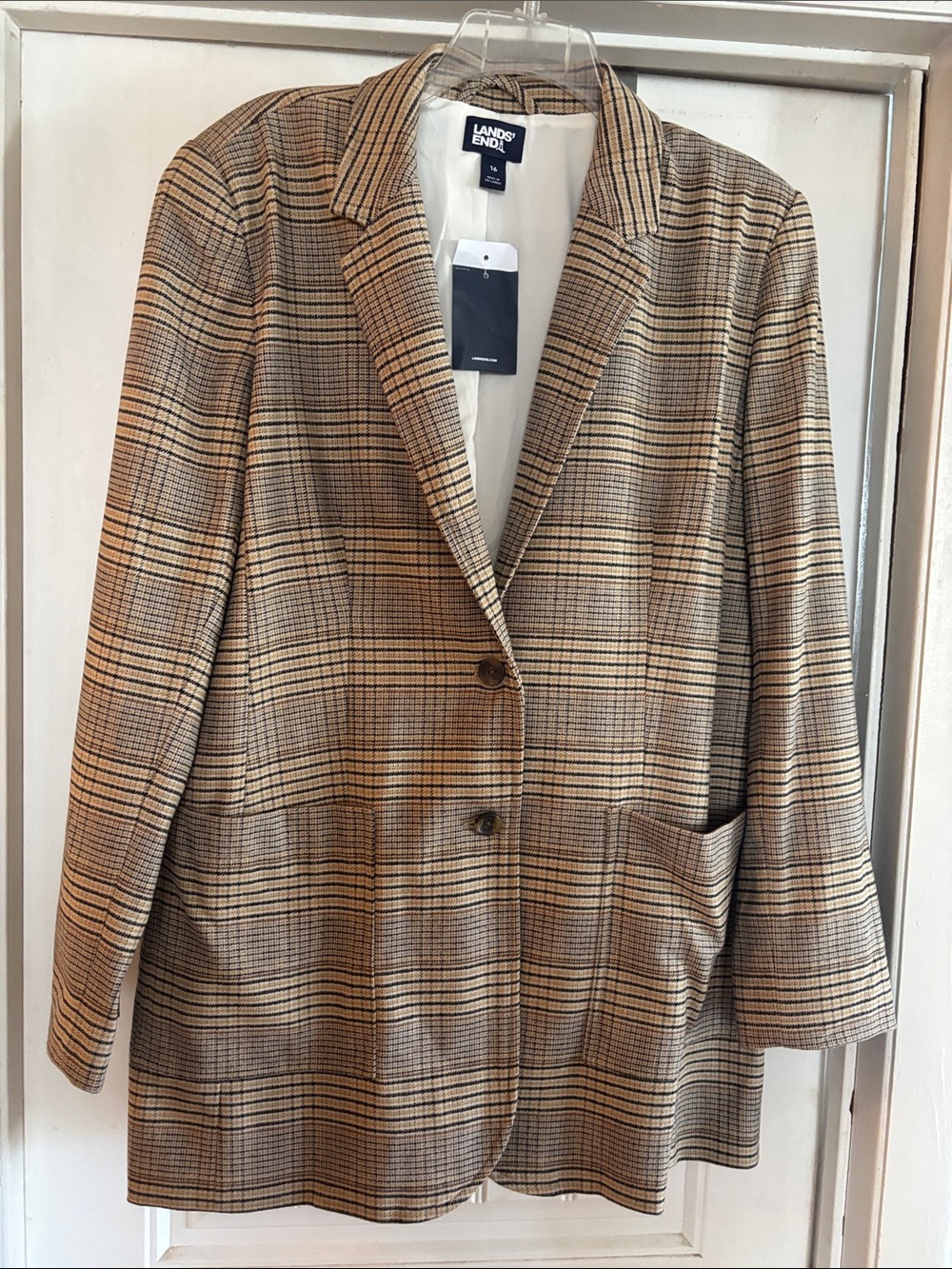 Lands' End Women's Tan Plaid Blazer/Jacket/Car coat